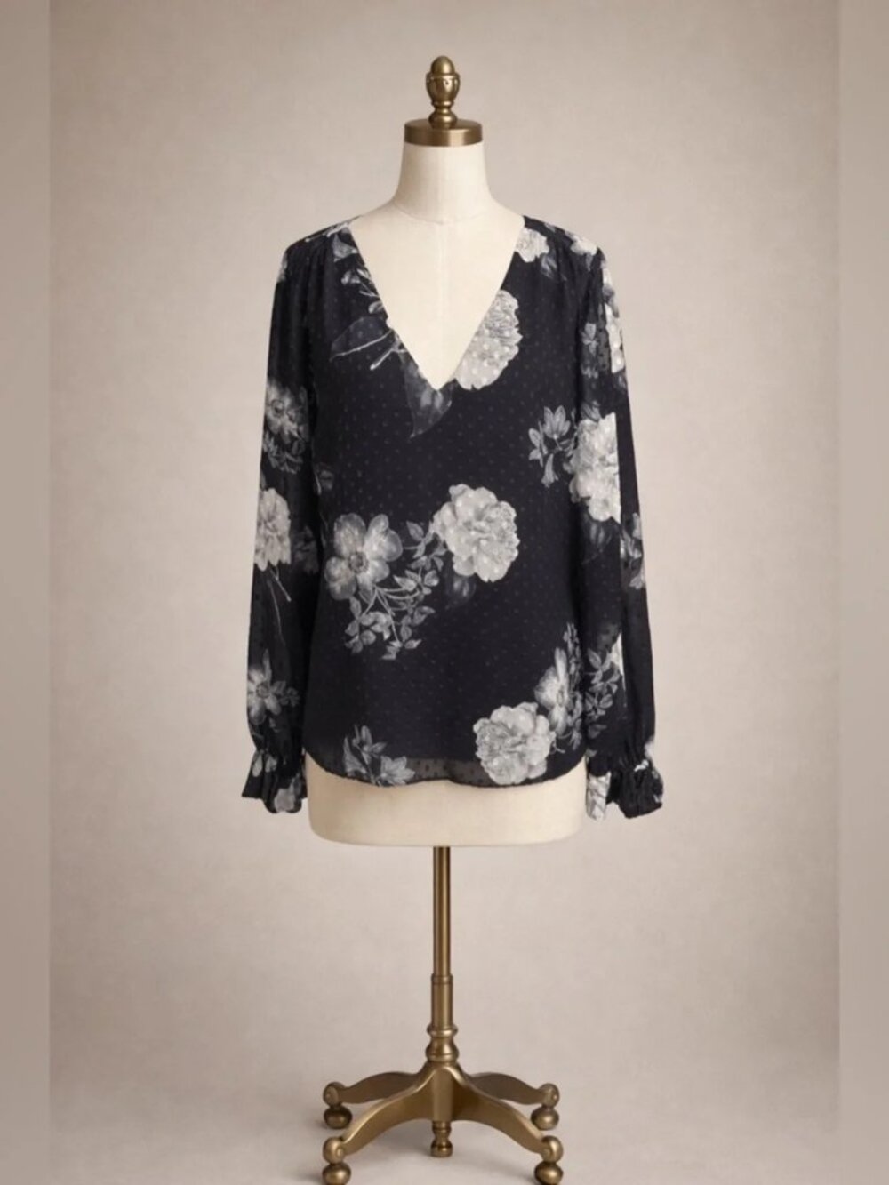 White House Black Market Black Floral Swiss Dot Blouse Size M